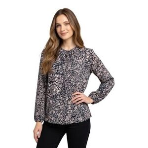 Ann Taylor Navy Blue Pink Floral Popover Blouse Size M Sheer Peasant Eyelet Top